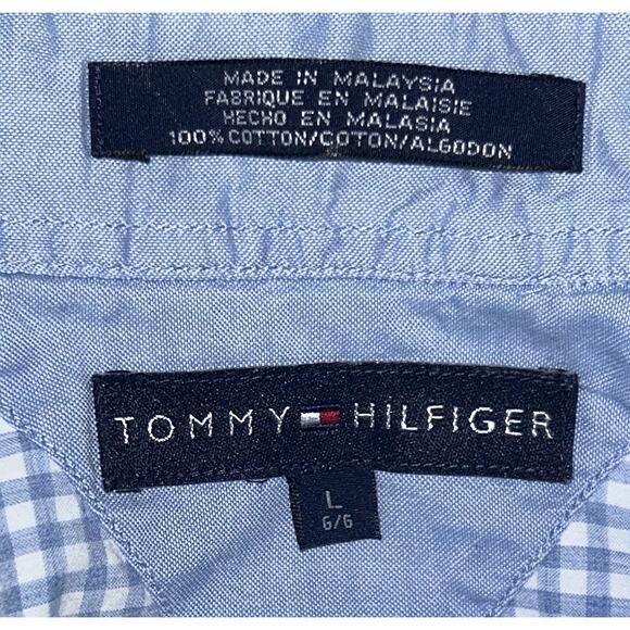 Tommy Hilfiger Men's Large Blue & White Checkered Short Sleeve Button Down Shirt - Picture 3 of 6